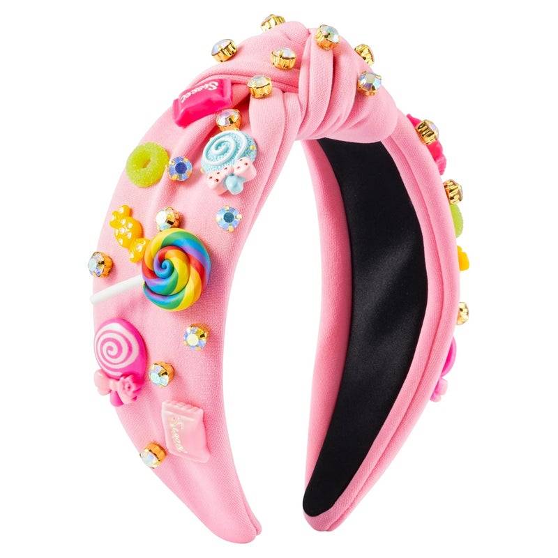 PANTIDE Candy Jeweled Knotted Headband - Christmas Rainbow Lollipop Rhinestone Embellished Preppy Headband Non Slip Wide Top Knot Hairband Hair Accessories Birthday Gift for Women Girls (Pink) - Image 1
